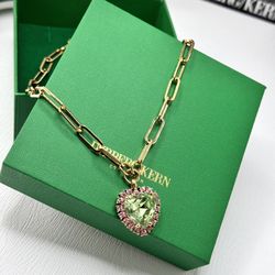 Peridot Heart And Pink Crystals Gold Necklace, Light Green Crystal Heart Charm Necklace