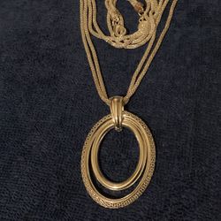 28” SilverTone Double Strand Necklace With Double Oval Ring Pendant 