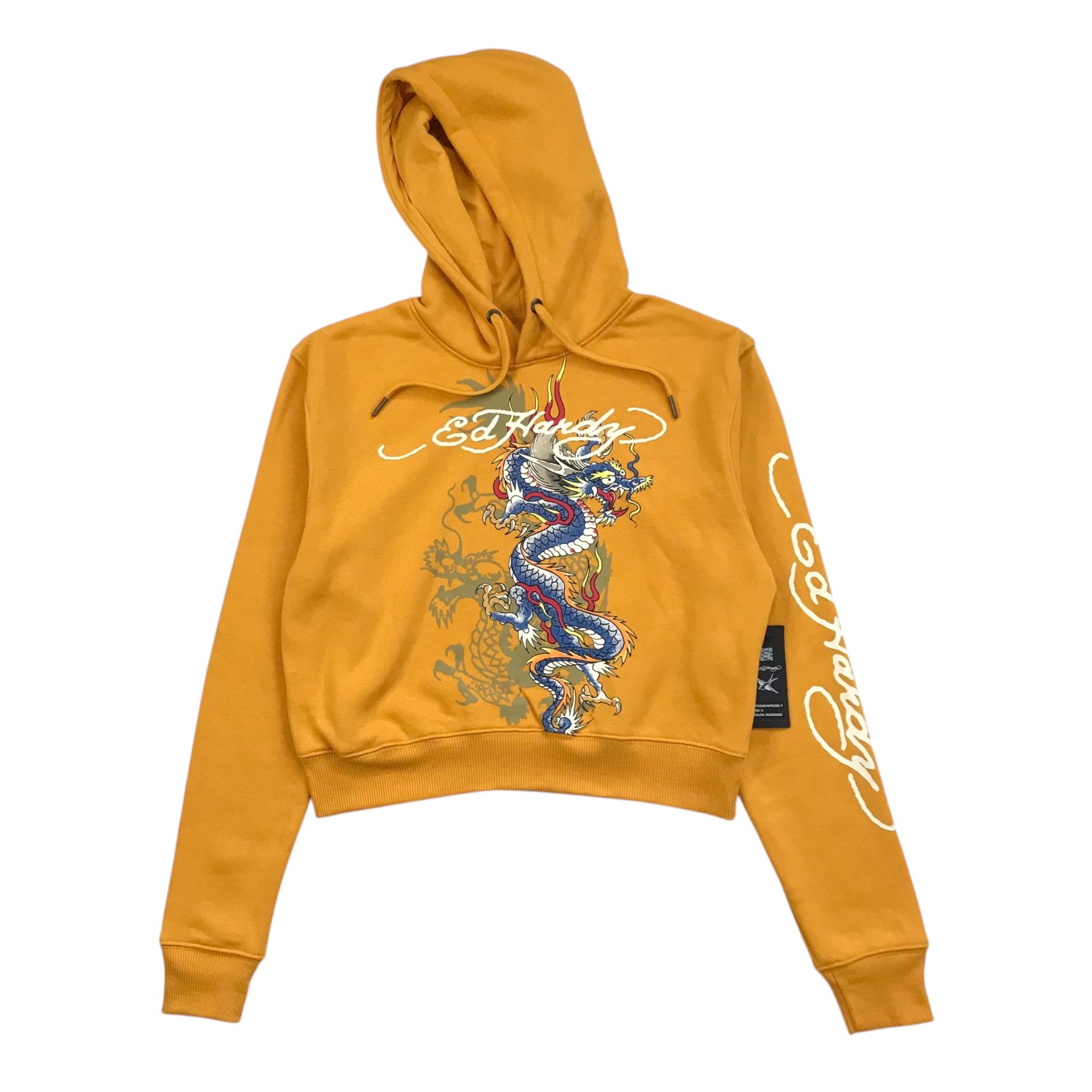 Ed Hardy Cropped Hoodie Small S Womens Yellow Dragon Spell Out Y2K Brand New