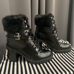 Black Leather Ankle Boots With Faux Fur