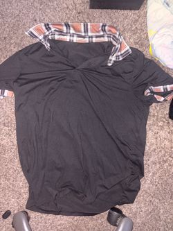 Black T-Shirt with Plaid Collar and Cuffs
