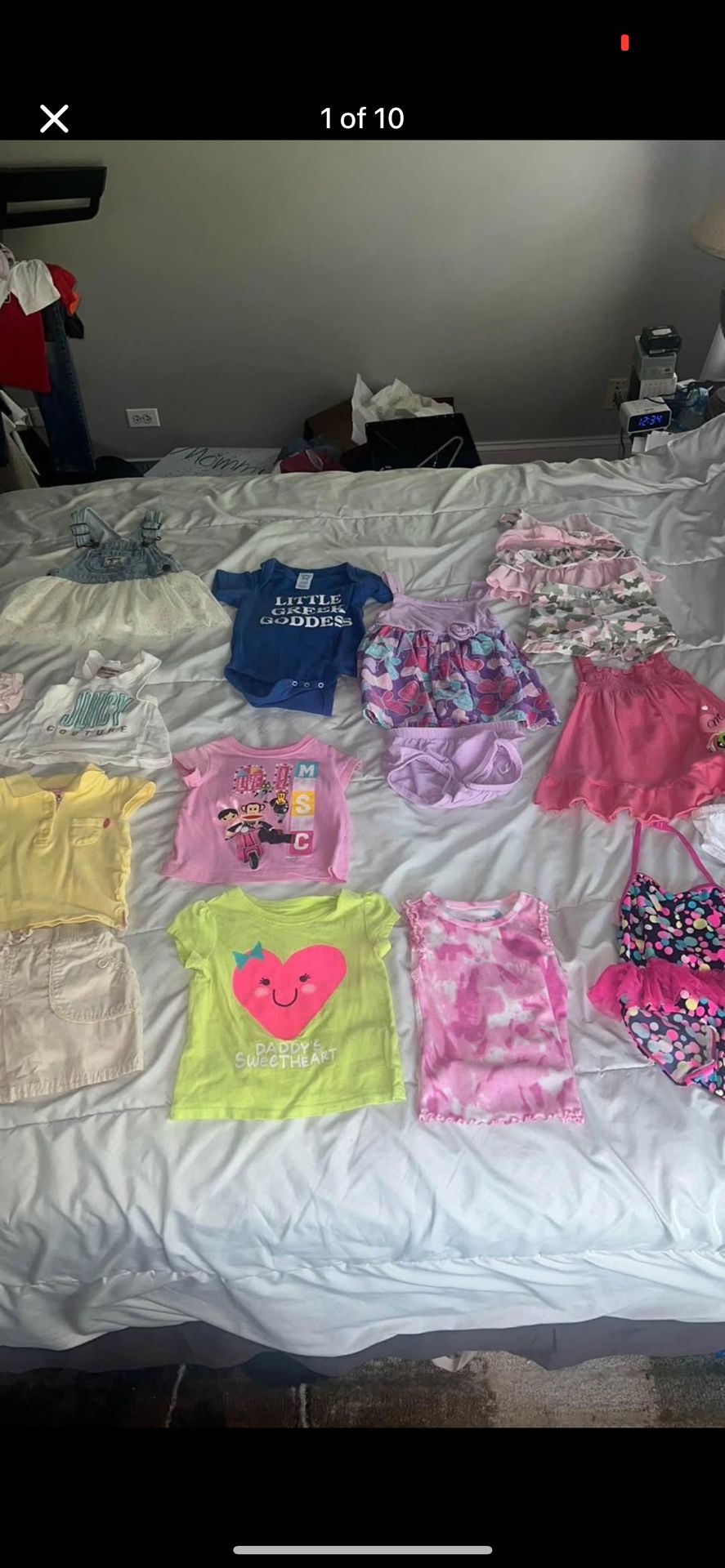 Baby girl clothes 12-18 months. Some have light stains - see pics. Koala bear purple diaper cover has stain. Lil Lass camo shirt has stain. Children’s