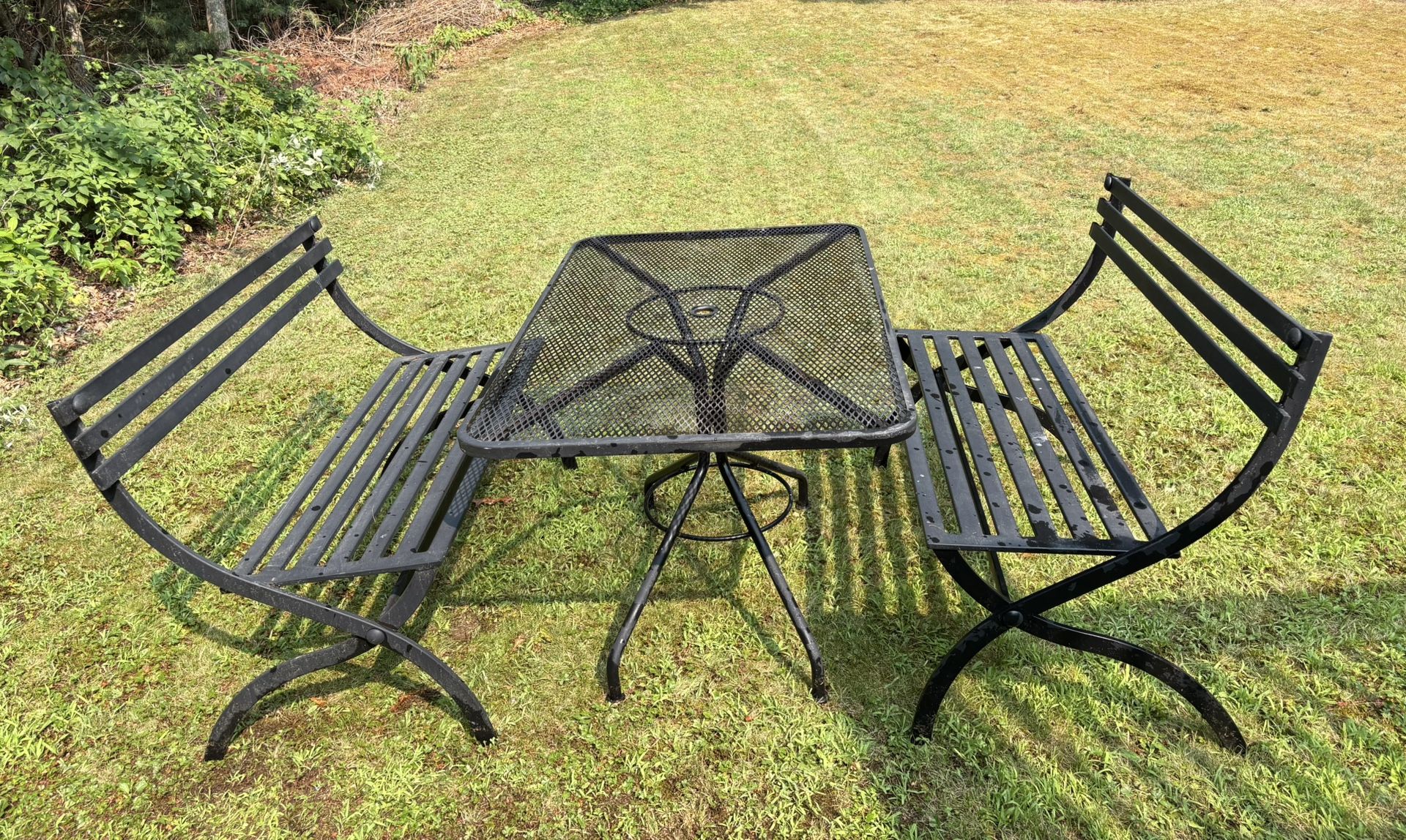 Wrought Iron Outdoor Patio Set – Table with Two Benches