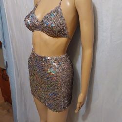 STREACH SEQUENCE MINI SKIRT AND TOP 