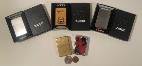 Lot of 5 Metal Zippo Lighters, Cigarettes, More.  Fender Guitar, Card Symbols, Brass Lighter, Zippos