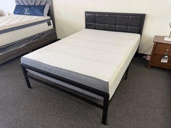 Metal Bed Frame with Faux Leather Headboard
