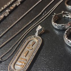 Bundle Of 925 Sterling Silver /Diamond Earrings /10k Gold Symbols On Egyptian Charm