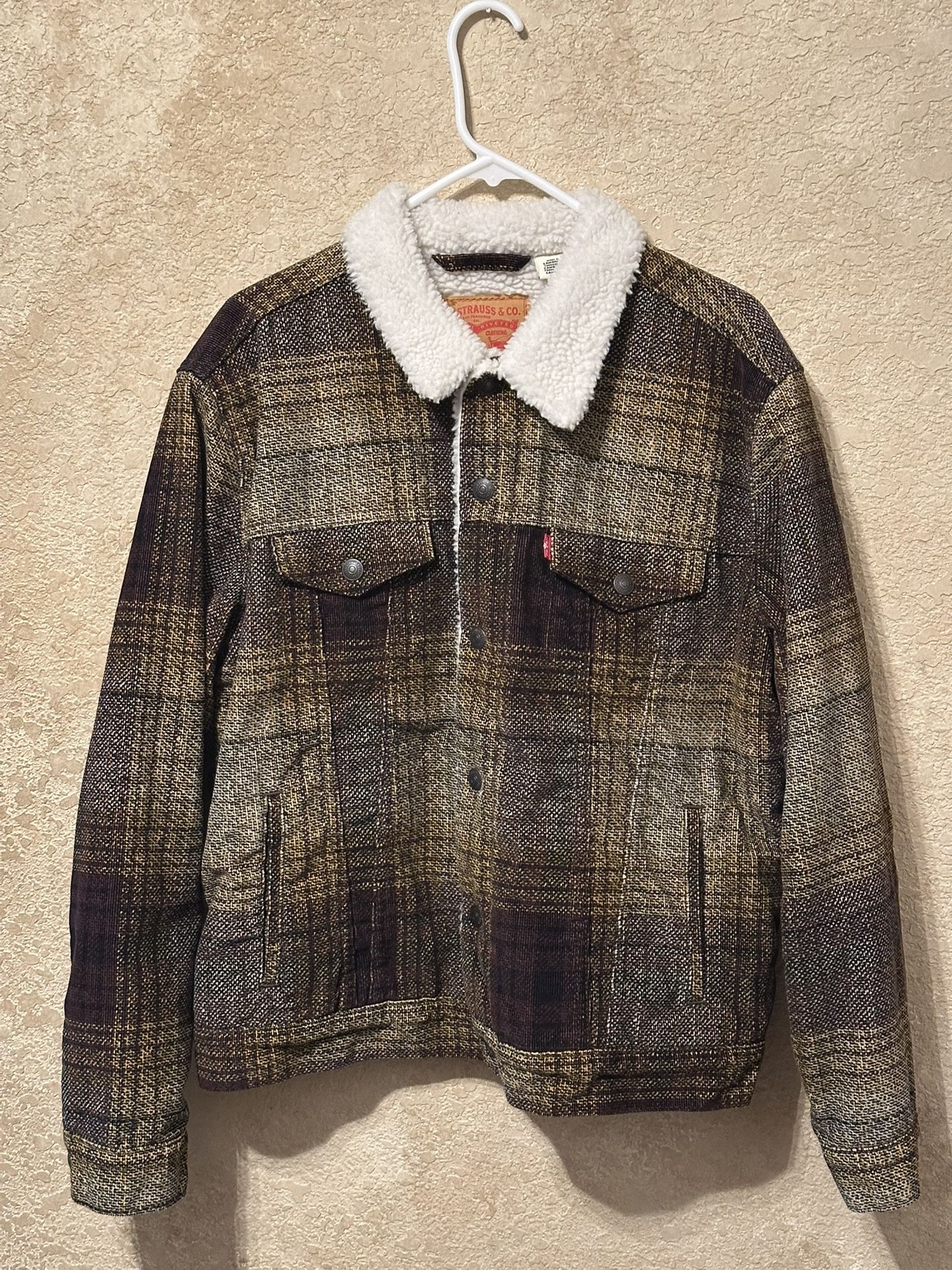 Levis Corduroy Sherpa Lined Trucker Plaid Jacket Brown Yellow