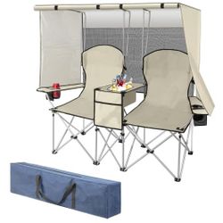 Double Beach Chair with Canopy Shade,Heavy Duty Camping Chair for Aduls,Folding Beach Chair with Cup Holder Cooler Bag for Sports Beach Outside（White）