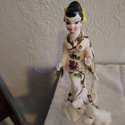 Vintage Giesha Figurine  Porcelain With Twin Poodles 