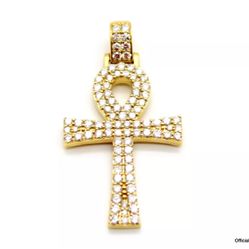 14K Yellow Solid Gold &  2.55ct Natural Pave Diamonds Ankh Cross Pendant Charm