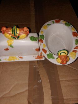 Ceramic Thanksgiving Turkey Butter Dish and Plate Set
