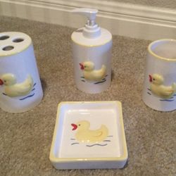 Rubber duck porcelain four piece vanity set – cup, toothbrush holder, pump soap, soap dish set