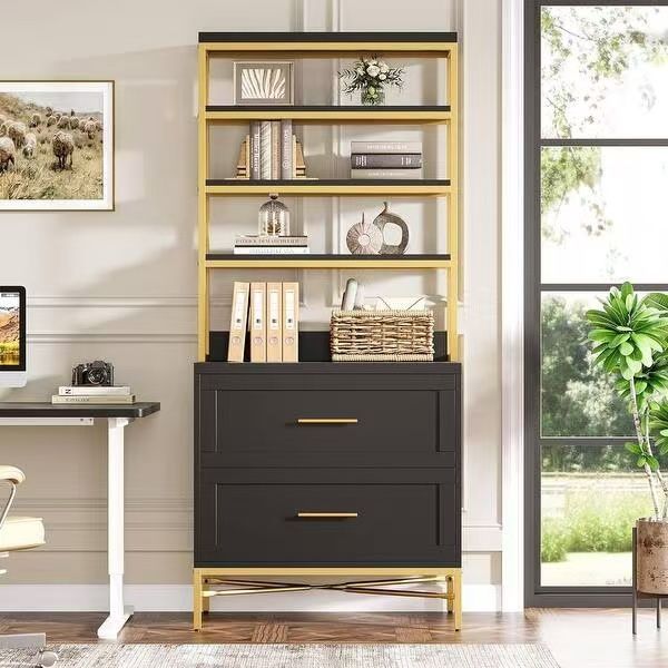 Gold Wood Vertical File Cabinet with 2 Drawers, Bookshelf with File Cabinet for Home Office