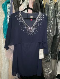 Brand New Navy Blue Beaded Cape Overlay Dress – Size 6P (Petite)