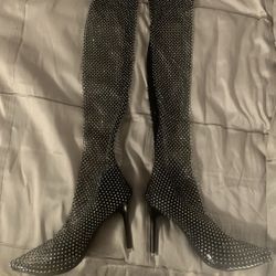 Black Rhinestone Fishnet Boots - Size 7