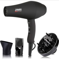 New-JINRI Hair Dryer, 1875W, 3 Heat & 2 Speed, with Diffuser, with Concentrator, Detachable Air Intake, Ionic Technology & Infrared - Black, Hanging S