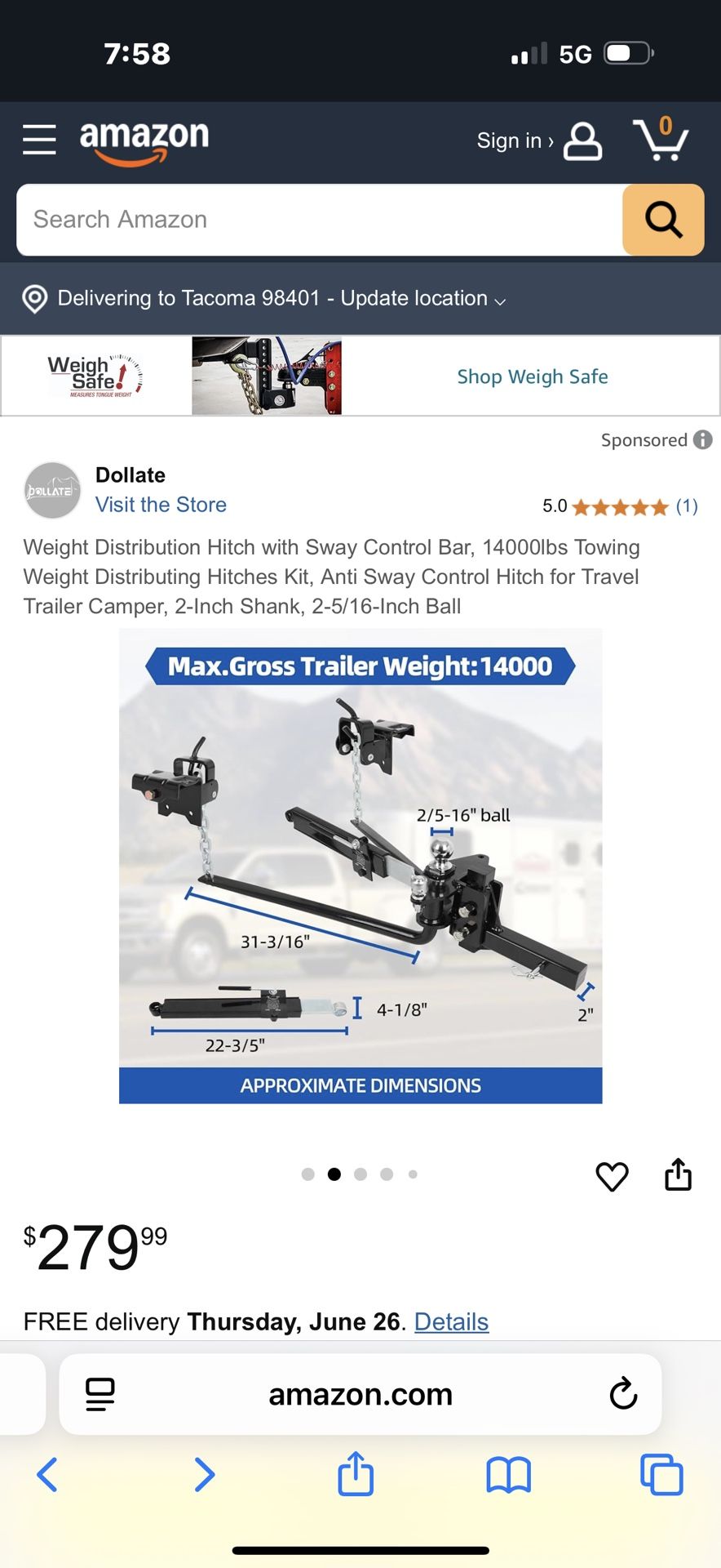 Hitch with Sway Control Bar, 14000lbs