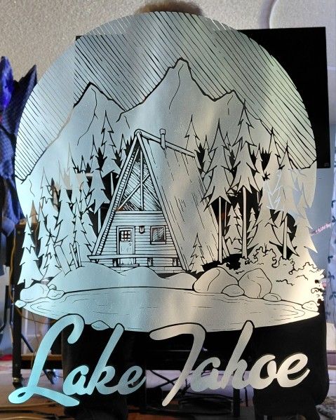 Framed Etched Mirror Back Lit by LED - Lake Tahoe Cabin 24" x 29"