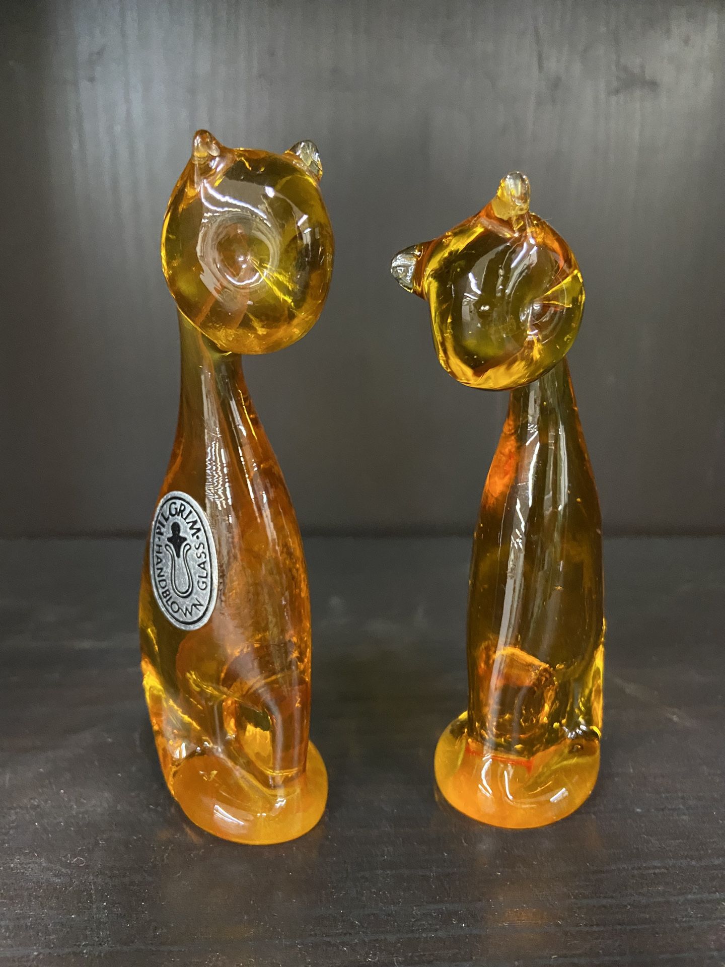 Mid Century Hand Blown Amber Glass Cats Set Of 2