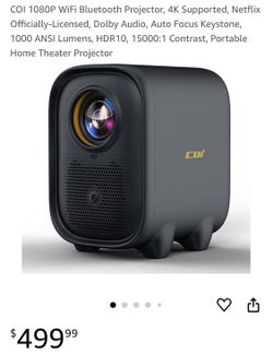 COI 1080P WiFi Bluetooth Projector, 4K Supported, Netflix