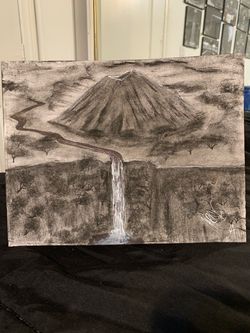 Volcano waterfall landscape painting