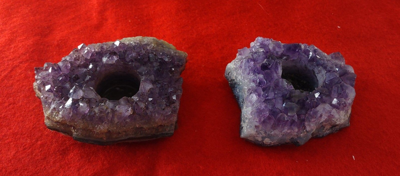 Pair of Natural Amethyst Tea Light Candle Holders. 
