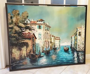 Large Painting, Floating Frame, Blue Water Italian Landscape