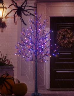 6 ft. Pre-decorated LED Pirate Halloween Yard Decorations Lighted Tree Artificial Black Spooky Tree Purple & Orange