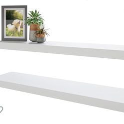BAMEOS Floating Shelves, White Wall Mounted Wooden Shelves with Invisible Brackets Set of 2, Hanging Wall Shelves Decoration for Bedroom, Bathroom, Li