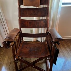 Two Costa Rican Wood With Leather Rocking Chairs With Footstool