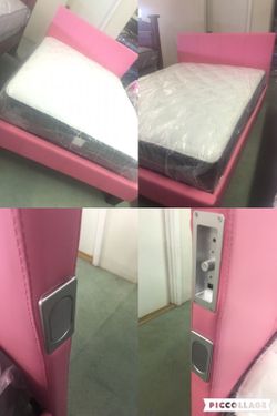 new $350 NEW FULL SIZE PINK LEATHER BED WITH SPEAKERS HAS BLUETOOTH AND AUX CONECTIONS WITH NEW MATTRESS WILL DELIVER AND SET UP