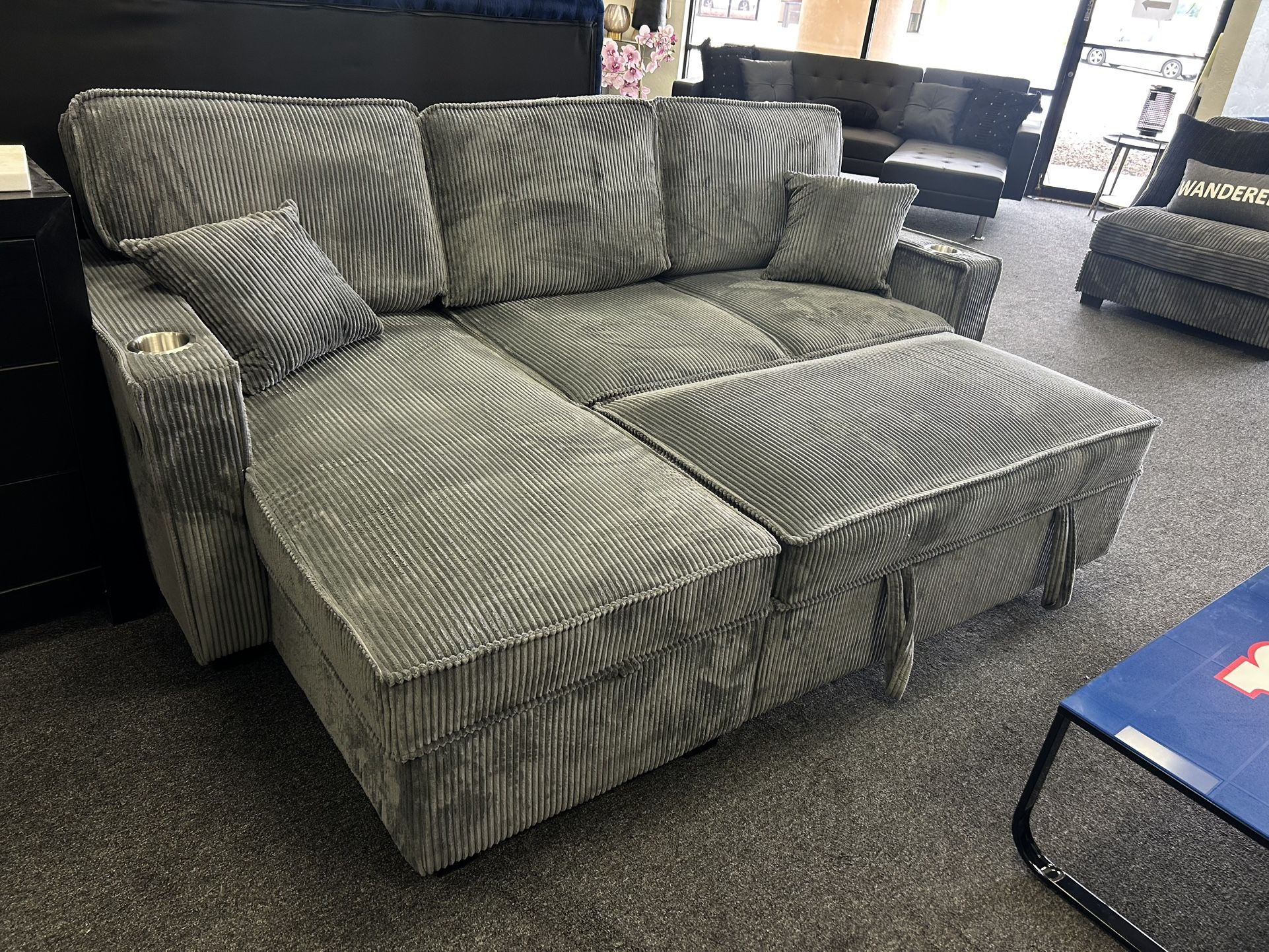 Grey Corduroy Sleeper Sofa With Reversible Storage Chaise