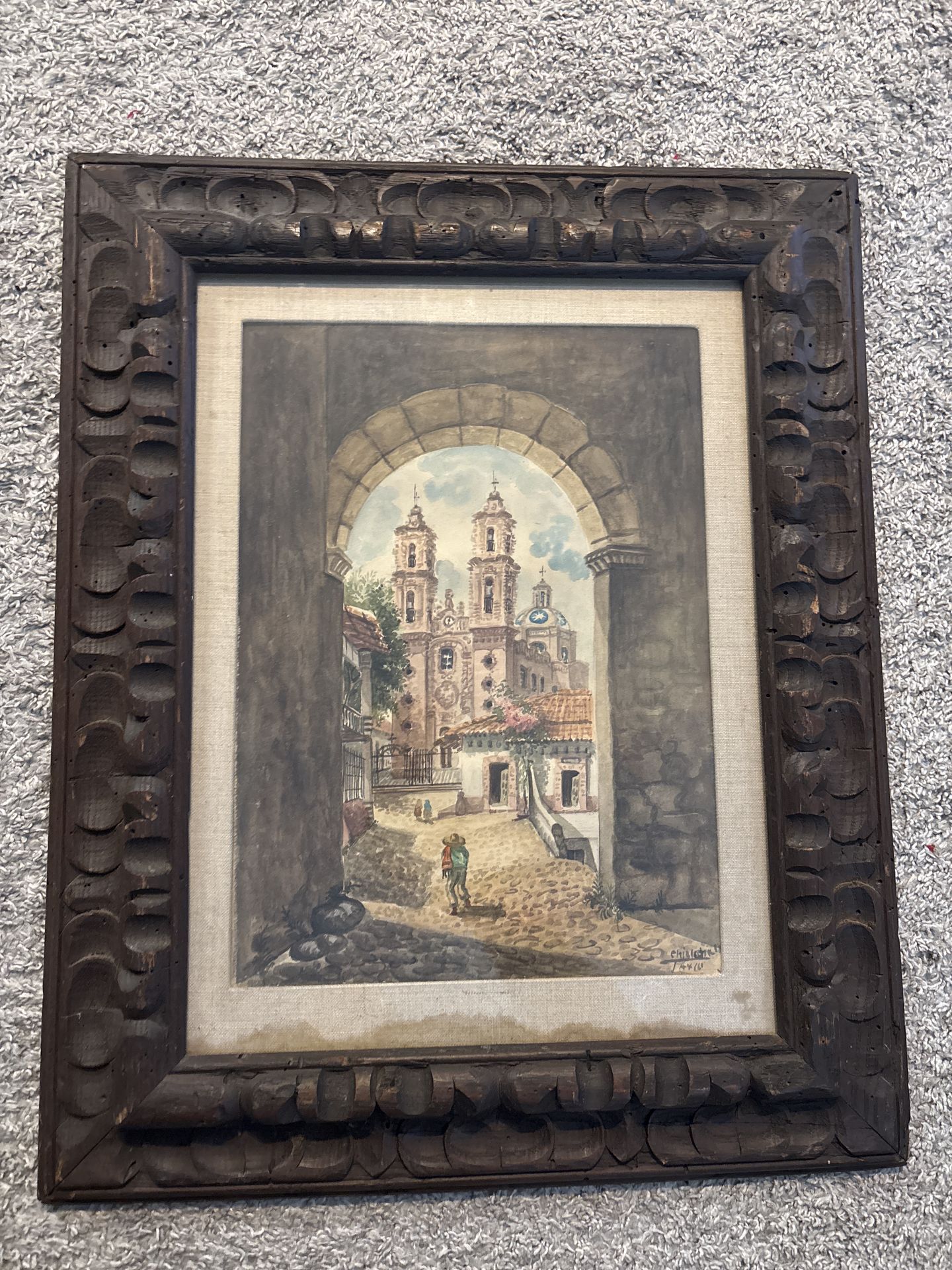 Vintage 1940 Signed Watercolor in Heavy Hand-Carved Wood Frame