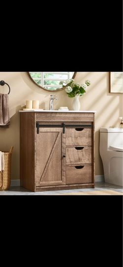 Bathroom Vanity with Sink, 30in Wide Farmhouse Bathroom Sink Cabinet with Sliding Barn Door & Drawers & Adjustable Shelves, Light Brown