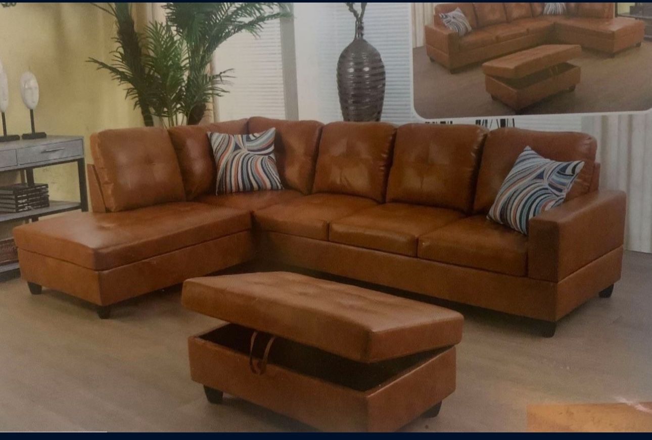 Carmel Leather Sectional Couch And Ottoman