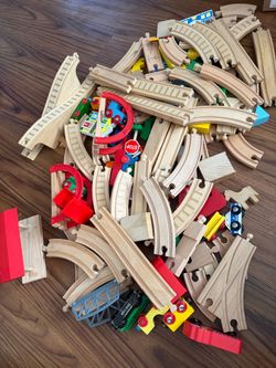 Large Lot Wooden Train Track Set with Accessories