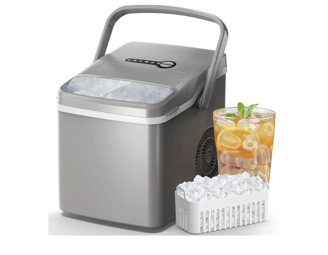 FREE VILLAGE Ice Makers Countertop, 9 Ice Cubes/6 Mins, 26 Lbs/24H, Self-Cleaning Ice Maker Machine with Handle, Ice Spoon & Basket, Portable Ice Mach