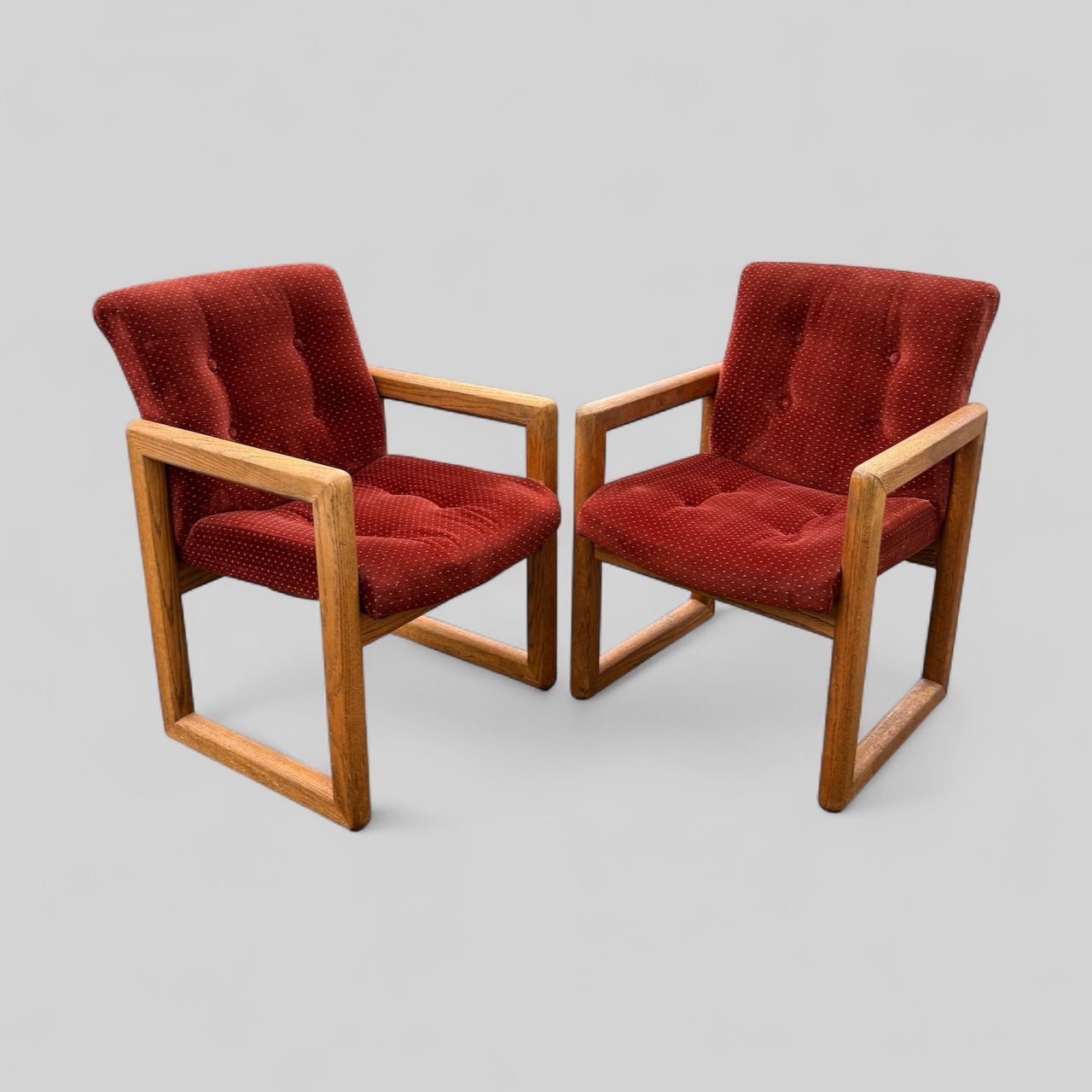 Pair MCM vintage solid wood chairs red Upholstery open frame floating seat mid century modern 32”/22”/25”