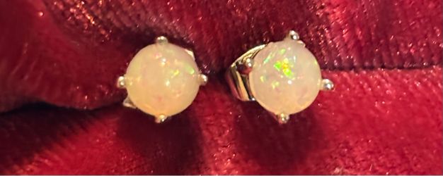Opal Stud Earrings Silver Prong Setting