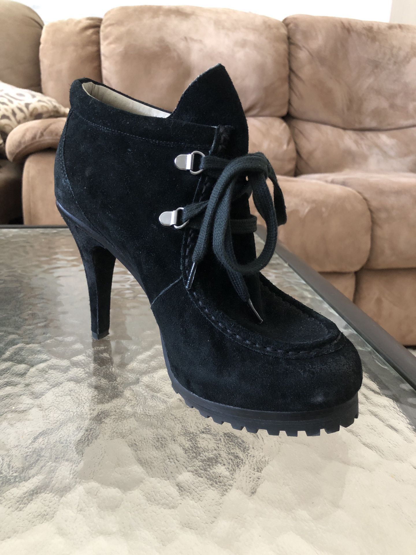 Women’s Gunmetal Geena Black Suede Leather Laced Booties/Womens Shoes Size 8, 4 in heels