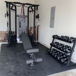 Fray bench, Fray Rack and Rogue dumbbells