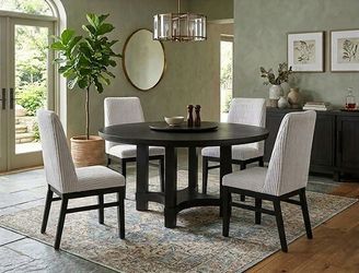 Dining set 5 pc Black wood finish, Light Grey fabric, New