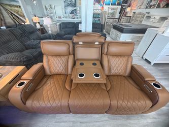 Tan Leather Reclining Sofa with Console
