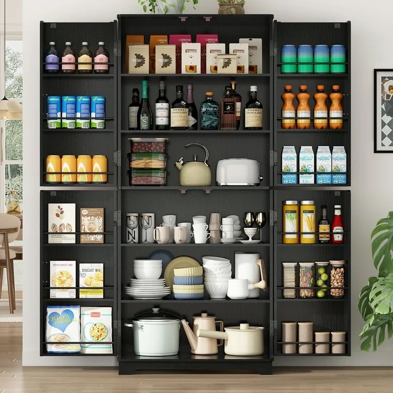Curved Edge Kitchen Pantry Cabinets, 72" Tall Pantry Storage Cabinet with 12 Side Shelves, Wood Cupboard for Kitchen, Dinning Room, Living Room, Black