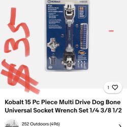 Kobalt 15 Pc Piece Multi Drive Dog Bone Universal Socket Wrench Set 1/4 3/8 1/2