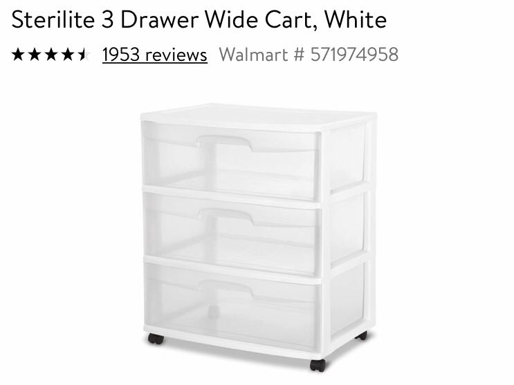 Sterilite 3 Drawer Wide Cart, White