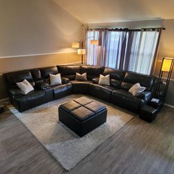 L-Shape Sectional Leather Couch and Ottoman 