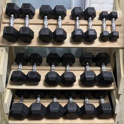 Complete Set Of 10 Pairs Of Rubber Hex Dumbbells  - 5’s To 50’s