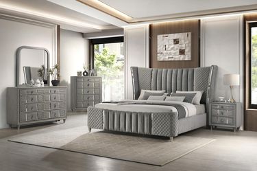 B391 Luxurious 4-Piece Modern Glam Gray Queen Bedroom Set ✨ (Delivery & Financing Available)